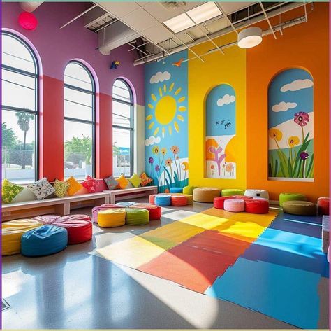 Creche Room Ideas, Indoor Playground Theme, Day Care Ideas Decoration, Daycare Decorating Ideas, Daycare Mural, Playful Classroom, Daycare Rooms Setup, Daycare Room Design, Bright Playroom