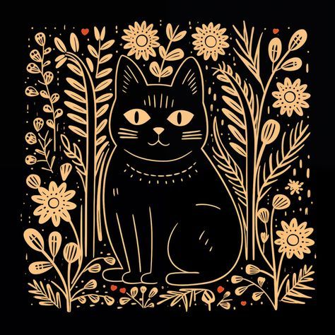 The black cat with a big grin sits in the middle of a gold-shining meadow. Lino cut. Warrior Cats Ocs, Cat Prints, Linocut Printmaking, Lino Art, Scratch Art, Lino Prints, Linocut Art, Cats Black, Black Cat Art