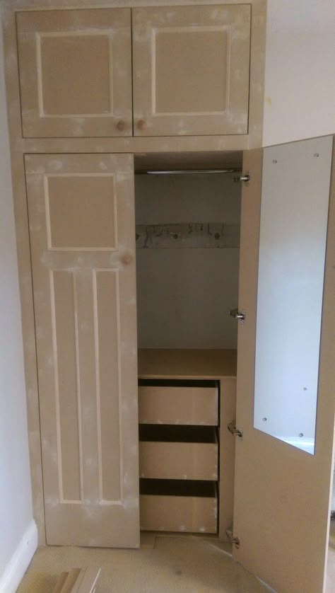 Bedroom wardrobe made  from mdf with internal drawers. Built In Wardrobe Ideas Alcove, New Wardrobe Design, Diy Fitted Wardrobes, Diy Built In Wardrobes, Alcove Wardrobe, Cheap Closet, Bedroom Wardrobe Ideas, Wardrobes Bedroom, Cabinet Woodworking Plans