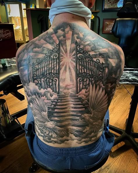 Stairway to Heaven Tattoo. Angel And Demon Back Tattoo, Heavenly Tattoos For Men, Heaven Back Tattoo, Religious Back Tattoo, Back Sleeve Tattoo, Heaven Tattoos For Men, Half Back Tattoo Men, Chest Tattoo Clouds, Tattoos For Forearm