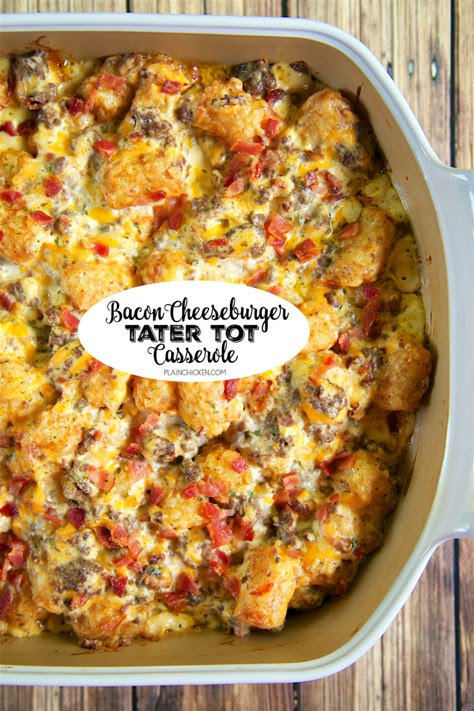 Bacon Cheeseburger Tater Tot Casserole | Plain Chicken® Bacon Cheeseburger Casserole Tater Tots, Bacon And Hamburger Recipes, Easy To Chew Meals, Cheeseburger Boats, Tater Casserole, Bacon Cheeseburger Tater Tot Casserole, Casserole Hamburger, Cheeseburger Tater Tot Casserole, Tater Tot Casserole Recipes