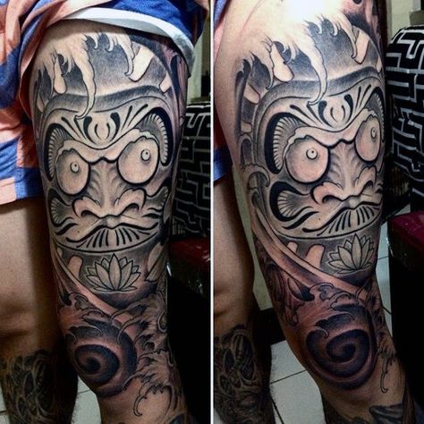 Black And Grey Shaded Daruma Doll Mens Thigh And Leg Sleeve Tatoto Daruma Black And Grey, Daruma Doll Tattoo Design Black And Grey, Daruma Doll Tattoo Design Leg, Daruma Doll Tattoo Design, Doll Tattoo Design, Tattoo Daruma, Daruma Doll Tattoo, Foo Dog Tattoo Design, Best Leg Tattoos