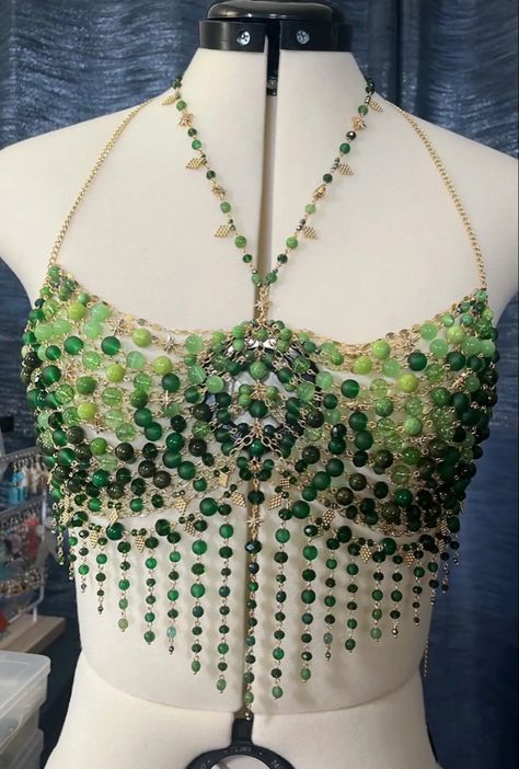 Beaded Clothing Diy, Crystal Top Outfit, Beaded Bra Outfit, Diy Siren Costume, Beaded Harness Diy, Diy Beaded Corset, Bead Top, Beaded Bra, Beaded Top Diy