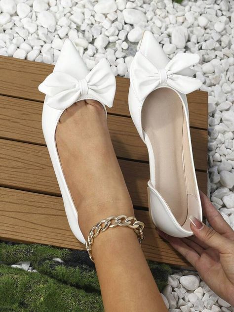 Free Returns ✓ Free Shipping✓. Women Bow Decor Point Toe Ballet Flats, Elegant Flats- undefined at SHEIN. White Wedding Shoes Flats, Prom Flats, Ballet Wedding Shoes, Bride Shoes Flats, Ballet Flats Wedding Shoes, Wedding Flats For Bride, Flat Prom Shoes, Wedding Shoes Bow, Bride Flats