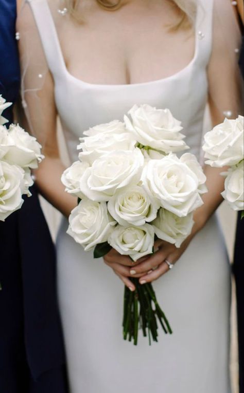 Bride Bouquet Roses White, Small Rose Bouquet Wedding, Timeless White Wedding Flowers, Minimalist White Rose Bouquet, Simple Rose Wedding Bouquet, White Rose Wedding Boquet, Simple Bridal Bouquet Fall White Flowers, Elegant White Bouquet Wedding, Large White Rose Bouquet