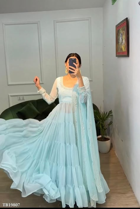 For price or more details DM me Blue Anarkali Dress, Frill Gown, Traditional Dresses Indian, Flair Gown, Ramzan Eid, Women Gown, Kurta With Dupatta, Blue Anarkali, Desi Dress