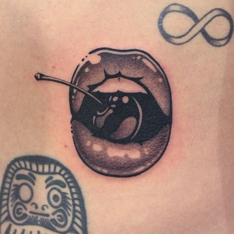 Cherry In Mouth Tattoo, Lips With Cherry Tattoo, Tattoo Of Mouth, Mouth Tattoo Design, Tattoo Art Drawings Design, Bvb Tattoo, Lip Print Tattoos, Bite Mark Tattoo, Tattoo Art Drawings Sketches