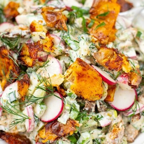 Crispy Potato Salad - Cooked & Loved Crispy Smashed Potato Salad, Crispy Potato Salad, Creamy Parmesan Dressing, Chicken Salad Bowls, Greek Chicken Bowls, Roasted Smashed Potatoes, Bunny Food, Crunchy Potatoes, Greek Chicken Salad