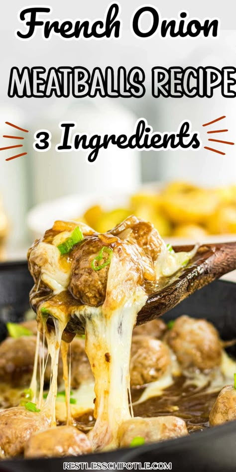 Make these French Onion Meatballs with just 3 easy ingredients, no prep time, and 20 minutes of oven time! Perfect for busy weeknights. French Onion Meatballs Recipe, French Onion Meatballs, Onion Meatballs, Frozen Meatball Recipes, Meatball Recipes Crockpot, Restless Chipotle, Meatball Dinner, Easy Family Dinner Recipes, How To Cook Meatballs