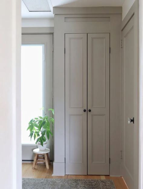 Trim Around Closet Doors, Bifold Double Doors, Diy Bi Fold Closet Door Makeover, Modern Bifold Closet Doors, Closet Door Redo, Closet Door Upgrade, Double Door Closet, Bifold Doors Makeover, Folding Closet Doors