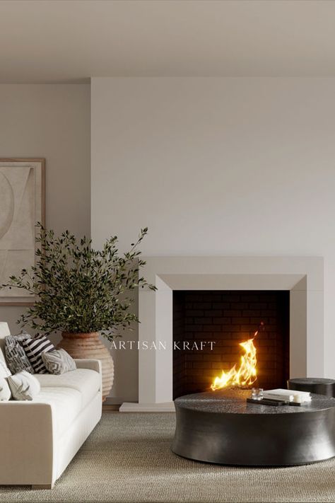 Beveled Fireplace Mantel Surround limestone cast by Artisan Kraft. Shop this and more cast stone fireplace mantel surrounds in the link below. Limestone Mantel Fireplace, Modern Square Fireplace, Fireplace With Hearth Seating, Modern Limestone Fireplace, Modern Gas Fireplace Ideas, Rounded Fireplace, Light Stone Fireplace, Granite Fireplace Surround, Modern Fireplace Mantle