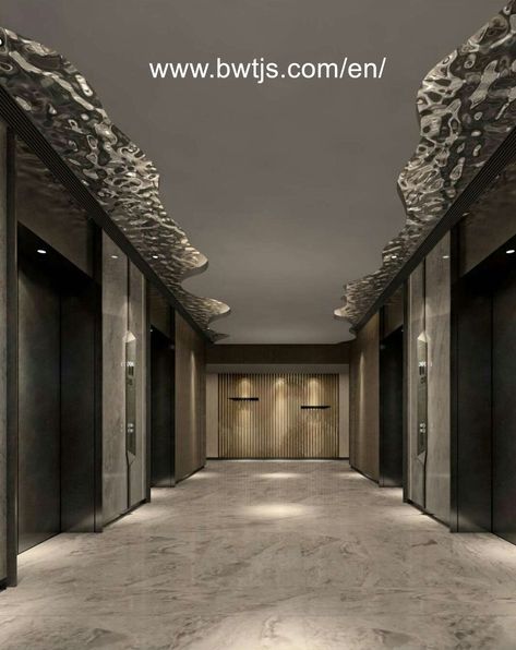 Water Ceiling Design, Water Ripple Ceiling, Water Ceiling, Wave Ceiling, Architecture Ceiling, Lift Lobby, Ceiling Cladding, Elevator Lobby, Steel Ceiling