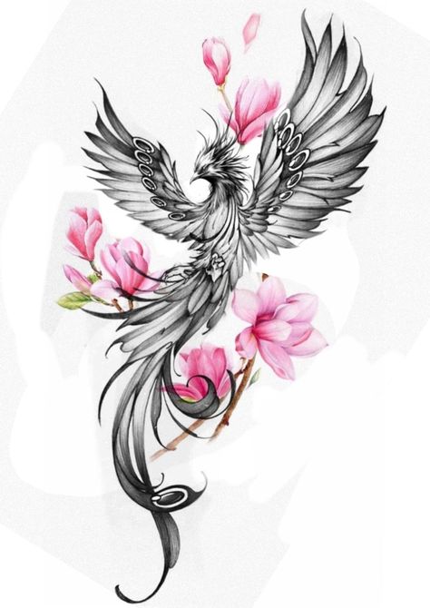 Phoinex Tattoos Women, Phoenix With Cherry Blossom Tattoo, Floral Pheonix Tattoo For Women, Japanese Phoenix Tattoo Design For Women, Lady Pheonix Tattoo, Phonex Tattoo Drawings, Phoenix Tattoo Sleeve, Tato Phoenix, Mermaid Tattoo Designs