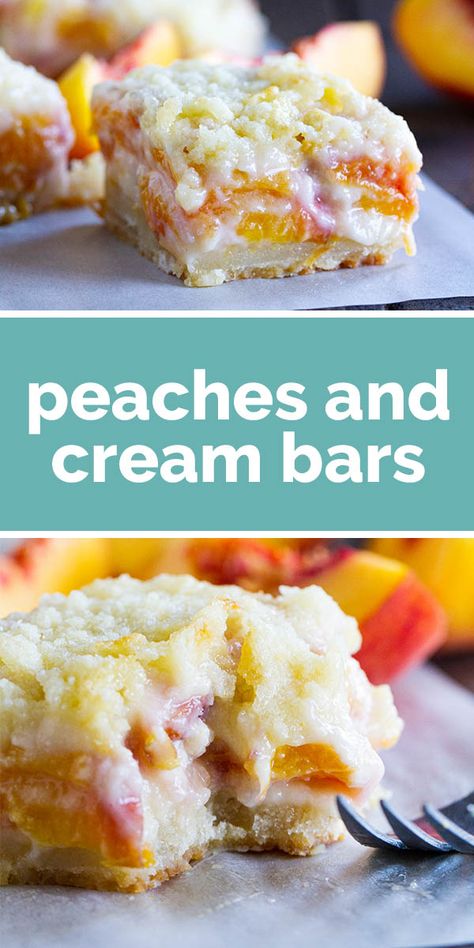 For a different take on a peach pie, try these Peaches and Cream Bars that have a shortbread crust, a creamy peach filling and a crumble topping. Peach Filling, Fresh Peach Recipes, Peach Dessert Recipes, Bbq Summer, Peach Desserts, Dessert Bar Recipe, Easy Summer Desserts, Peaches And Cream, Shortbread Crust