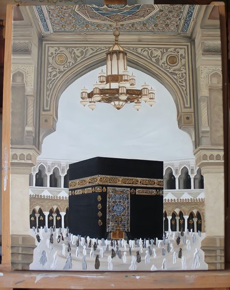 Hajj Painting Ideas, Kaabah Makkah Canvas Painting, Makkah Madina Drawings, Mecca Painting Acrylic, Mecca Kaaba Painting, Kabah Painting Canvas, Islam Art Painting, Kaabah Makkah Drawing, Mosque Art Painting