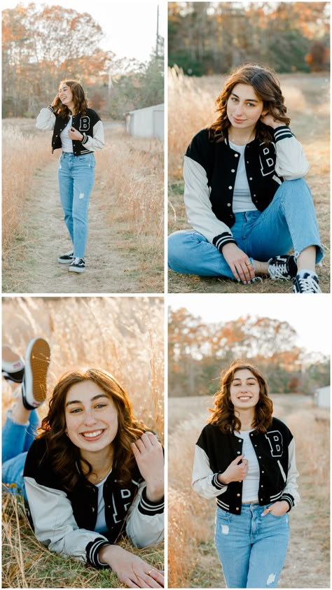 Senior Jacket Picture Ideas, Letterman Photoshoot, Letterman Jacket Outfit Senior Pictures, Softball Letterman Jacket Ideas, Letterman Senior Pictures, Varsity Jacket Photoshoot Ideas, Senior Pictures With Varsity Jacket, Choir Senior Picture Ideas, Senior Picture Ideas Tomboy