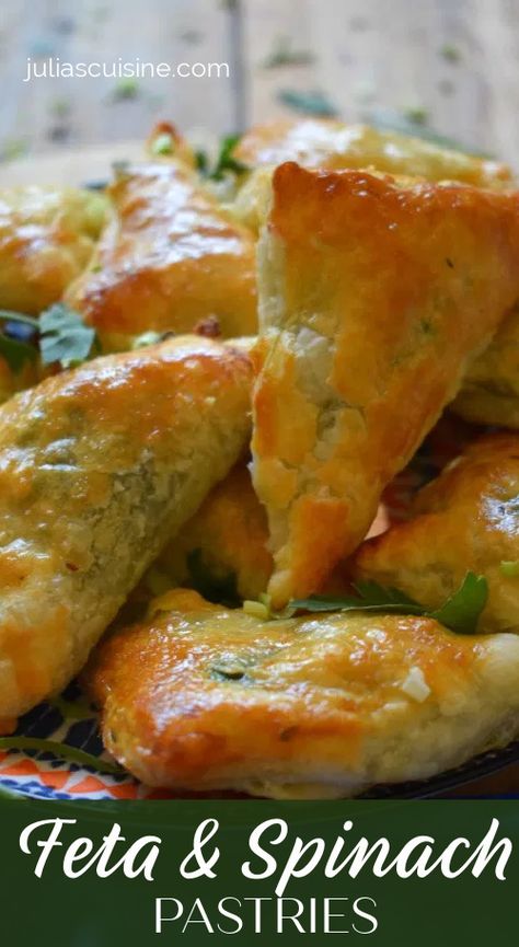 The perfect appetizer or nibble for easy entertaining. These Feta & Spinach Pastries are a light and crispy pastry are a great make ahead appetizer that’s full of flavour and easy to make. Feta Cheese And Spinach Recipes, Feta Cheese Puff Pastry Recipes, Spinach Feta Cheese Puff Pastry, Spinach And Feta Pastry Puffs, Spinach And Feta Appetizers, Puff Pastry With Spinach And Feta, Puff Pastry With Feta Cheese, Puff Pastry With Spinach, Vegetable Appetizers Easy