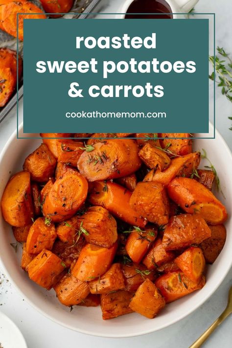 Roasted sweet potatoes and carrots are the perfect healthy addition to your holiday menu. They're sweet and savory and so simple to make! Roasted Sweet Potatoes And Kale, Paleo Carrot Recipes, Roasted Yams And Carrots, Roasted Carrots And Sweet Potatoes Oven, Healthy Carrot Recipes Clean Eating, Roasted Sweet Potato And Carrots, Sweet Potato Diet Recipes, Ww Sweet Potato Recipes, Carrot And Sweet Potato Recipes