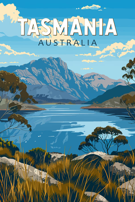 A retro-style travel poster of Tasmania, Australia, featuring a mountainous landscape, a serene lake, and native trees in bold, vintage-inspired colors. Tasmania Travel, Nostalgic Design, Print Outs, Tasmania Australia, Retro Travel Poster, Vintage Travel Poster, Style Travel, The Untamed, 2025 Vision