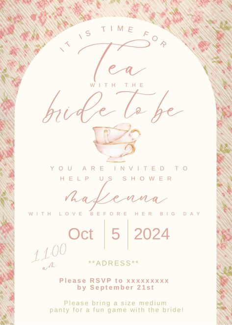 Bridal Shower Invitation - Etsy Fairy Tale Bridal Shower Ideas, High Tea Party Invitations, Canva Invitation Ideas, Tea With The Bride To Be, High Tea Invitations, Bridal Tea Invitations, Tea Party Bridal Shower Invitations, Tea Bridal Shower Invitations, Bridal Tea Party