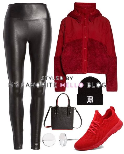 How to wear red sneaker with faux leather leggings. Casual fall outfit with red sneakers #redsneakers #casualoutfit Outfits With Red Shoes Sneakers, Red Sneakers Outfit Women, Casual Leather Leggings Outfit, Burgundy Sneakers Outfit, Leather Leggings Casual, Red Sneakers Outfit, Sneakers To Work, Red Shoes Outfit, Red Dress Shoes