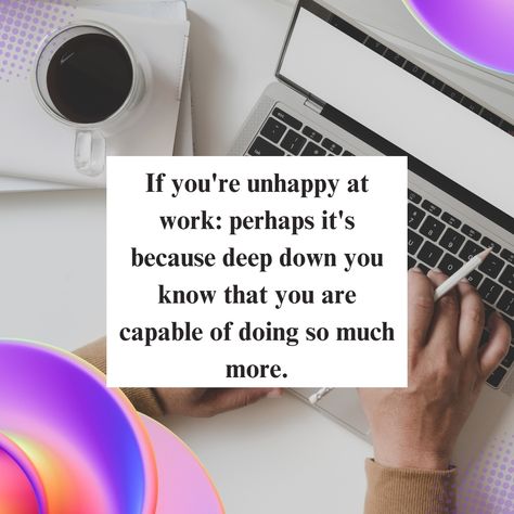 If you're unhappy at work, it might be because deep down, you know you're capable of so much more.

#UnfulfilledPotential #CareerGrowth 
#DoMoreBeMore #FindYourPurpose 
#ReachYourPotential #WorkWithPassion 
#CareerChange #UnlockYourPotential 
 #PursueGreatness #FollowYourCa Financial Wellness, Deep Down, Career Growth, Career Change, New Journey, Wellness Tips, Work It, Knowing You