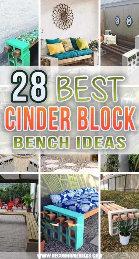 Diy Patio Bench Cinder Block, Outdoor Cinder Block Bench, Benches With Cinder Blocks, Bench With Cinder Blocks And Wood, Bench Made With Cinder Blocks, Bench Made Out Of Cinder Blocks, Bench For Outdoors, Ideas For Cement Blocks, Concrete Block Patio Furniture