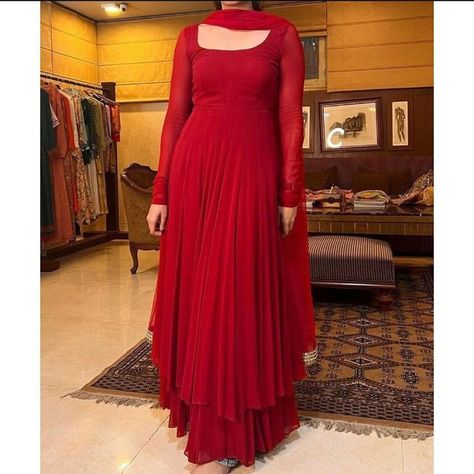 Kurtis With Dupatta, Red Salwar Suit, Long Skirt Top Designs, Anarkali Designs, Long Skirt And Top, Long Frock Designs, Stylish Kurtis Design, Georgette Anarkali, Simple Saree Designs