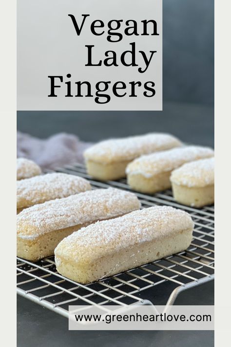 Lady fingers dusted with powdered sugar on a wired cooling rack. Vegan Lady Fingers, Whipped Aquafaba, Baking Vegan, Italian Biscuits, Vegan Tiramisu, Vegan Cookies Recipes, Vegan Cakes, Gourmet Desserts, Lady Fingers