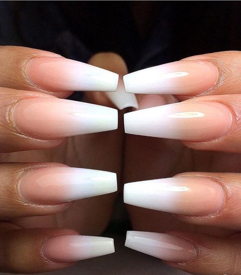 Ambre Nails Coffin, French Ombre Nails Coffin With Design, White Ombré Nails Almond, White Nails With Designs Coffin Medium, Ombré French Nails Coffin, White Ombre Coffin Acrylic Nails, Ombre French Coffin Acrylic Nails, Ombré White Tip Nails, Mail Ombre