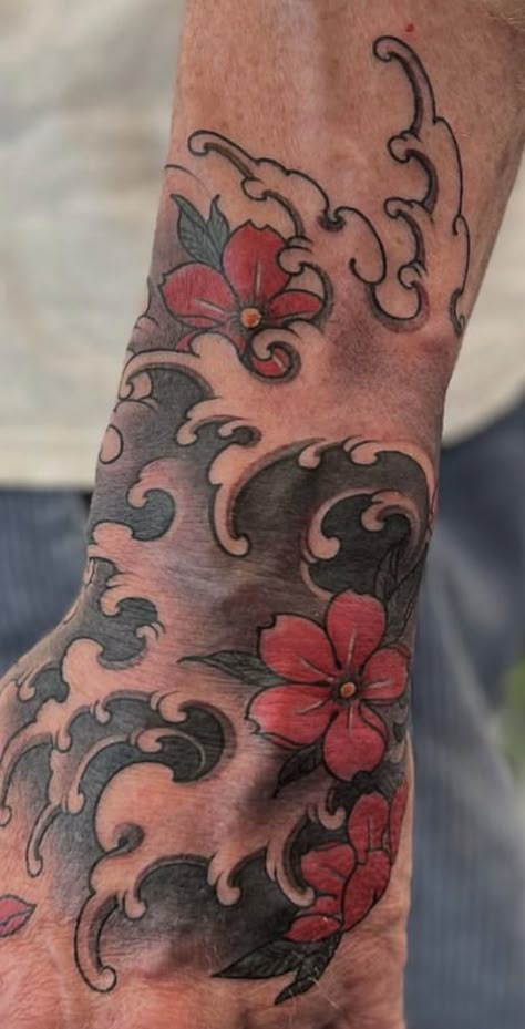 Japanese Wave And Flower Tattoo, Wave Traditional Tattoo, Japanese Gap Filler Tattoo, Japanese Ankle Tattoo, Japanese Filler Tattoos, Partial Sleeve Tattoo, Japanese Background Tattoo, Kanagawa Tattoo, Tattoo Background Filler Shading