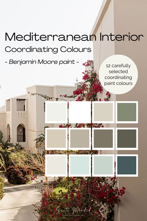 A Mediterranean interior exudes calm and serenity. It uses organic materials and textures and natural hues to create an atmosphere prone to relaxation, with subtle touches of brighter colours. Are you considering transforming your home into a Mediterranean haven but not sure what colours to consider? Discover 12 colours that work beautifully to create your dream home. Exterior House Paint Color Combinations Mediterranean, Modern Mediterranean Paint Colors, Mediterranean Colors Palette, Coastal Color Palette Inspiration, Mediterranean Home Color Palette, Modern Mediterranean Color Palette, Mediterranean Paint Colors Interior, Mediterranean Colour Palette, Mediterranean Paint Colors