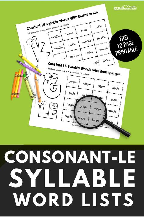 If you are working on consonant-le syllables with your first grade students, you will love these free printable consonant le word list to print, play, and learn! There are various fun consonant le activities and worksheets for learning about this type of syllalbes for 1st graders. Consonant Le Activities, Consonant Le, Le Words, 123 Homeschool 4 Me, Syllable Types, Word Bingo, Magic E, Vowel Sound, Vowel Team