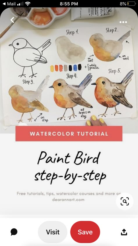 Watercolouring For Beginners, Easy Watercolor Tutorial Step By Step, Popular Watercolor Art, Watercolour Birds Tutorial, Water Colour Bird Painting, Watercolor Paintings Of Birds, Easy Birds Painting, Bird Art Watercolor, Simple Watercolour Tutorial