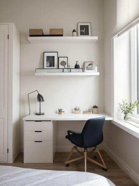 Optimize your bedroom space by placing a sleek, minimalist desk next to your bed. Pair it with a comfortable chair and add floating shelves above for extra storage and style. Desk Arrangement Ideas, Shelves Above Desk, Above Desk, Desk Arrangement, Desk Arrangements, Home Office Room, Minimalist Desk, Arrangement Ideas, Bedroom Space