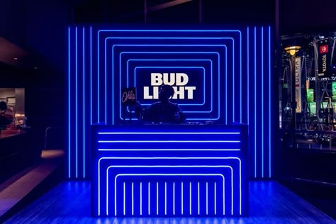 NVE had to provide an immersive opportunity for consumers and Anheuser-Busch stakeholders to interact with all three brands (Bud Light Core, Bud Light NEXT, and Bud Light Seltzer Hard Soda) throughout Crypto Arena. We had to activate the concourse to speak to the general public and give them an opportunity to sample Bud Light NEXT, the first zero carb beer. Boho Restaurant, Booth Lighting, Ceremony Decorations Outdoor, Shoe Store Design, Dj Stage, Outdoor Restaurant Design, Nightclub Design, Zero Carb, Console Design