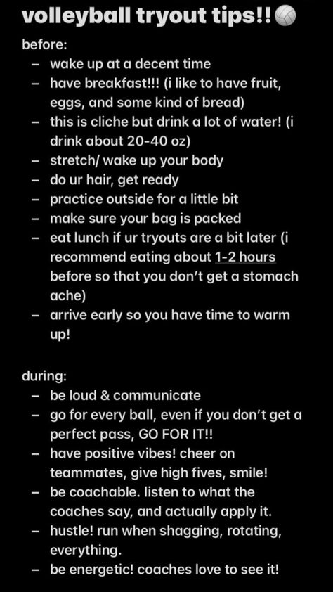 VOLLEYBALL TIPS!! Volleyball Tryout Tips, Tryout Tips, Volleyball Tryouts, Volleyball Practice, Volleyball Tips, Eat Lunch, Volleyball Outfits, Stomach Ache, Volleyball