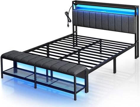 Amazon.com: Rolanstar Queen Bed Frame with Charging Station & LED Lights, Upholstered Headboard with Storage Shelves, Heavy Duty Metal Slats, No Box Spring Needed, Easy Assembly,Grey : Home & Kitchen Headboard With Storage, Led Beds, Led Bed Frame, Vintage Industrial Design, Headboard With Lights, Industrial Design Furniture, Full Bed Frame, Queen Size Bed Frames, Twin Bed Frame