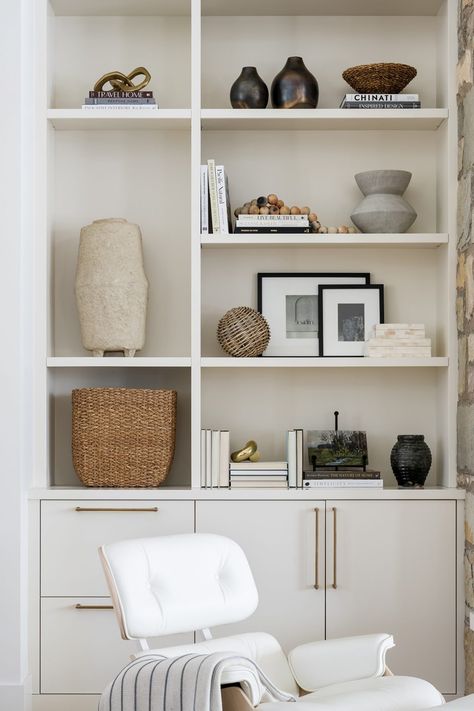 PC Contemporary Project: The Great Room - Studio McGee Shelves Styling, White Eames Chair, Shelf Decor Living Room, Cottage Living Rooms, Bookshelf Design, Living Room Shelves, Room Shelves, Built In Cabinets, Studio Mcgee