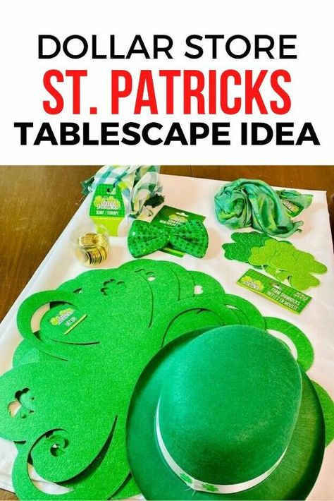 If you love decorating for this Irish holiday check out this easy, quick and cheap table settings for St. Patricks. All you need to do is head on down to the dollar tree store, pick up these items and get the party started. #st.patricks #dollarstore #decorations Signs Room Decor, Wreath Centerpieces, Rustic Mantle, Gold Plastic Silverware, Easter Window, Squirrel Proof Bird Feeders, Flowers Garland, Cheap Table, Wall Fireplace