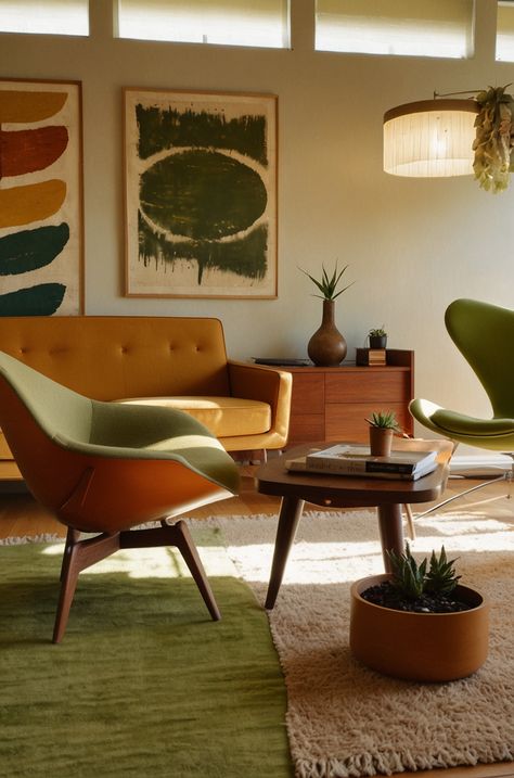 Eames Color Palette, Mid Century Earthy Living Room, Mid Century Modern Wall Colors Living Rooms, 70s Style Decor Interior Design, Midcentury Small Apartment, 70s Style Office, Mid Century Modern Living Room Tv, Minimalist Retro Living Room, Retro Modern Aesthetic