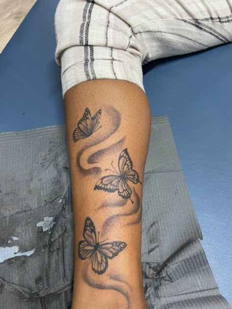 Butterflys Up Leg Tattoo, Butterflies On Leg Tattoos, Women Side Leg Tattoo, Butterflies Going Up Leg Tattoo, Tattoo Ideas Female Calf For Women, Leg Tattoos Women Butterflies, Medium Leg Tattoos Women, Small Shin Tattoos For Women, Calf Butterfly Tattoo