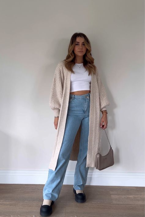 Beige knitted longline cardigan curated on LTK Outfits With Long Beige Cardigan, Long Cardigan Aesthetic, Beige Long Cardigan Outfit, White Long Cardigan Outfit, Cream Cardigan Outfit Winter, Long Beige Cardigan Outfit, Long Knit Cardigan Outfit, Longline Cardigan Outfit, Big Cardigan Outfit