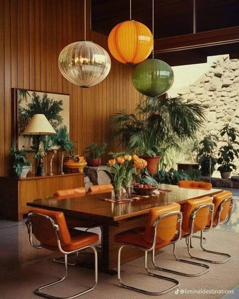 Orange Aesthetic House, Mid Century Modern Hotel Lobby, 90s Interior Aesthetic, Rustic Art Deco Interior Design, 50s House Renovation, 1960s Aesthetic Home, 70s Design Interior, Retro Futuristic House, 70s Apartment Aesthetic