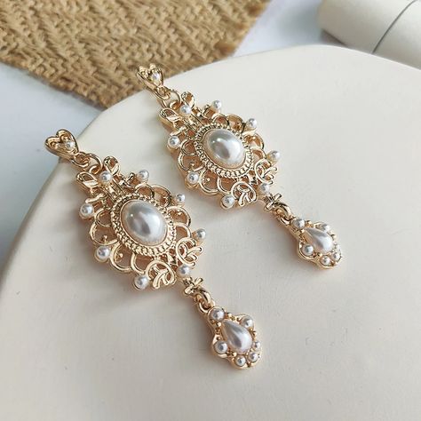 Vintage Palace Golden Pearl Hanging Earrings For Women Wedding Baroque Bohemia Fine Drop Earrings Female Elegant Jewelry Gift|Drop Earrings| - AliExpress Pearl Hanging Earrings, Painted Ceilings, Vintage Palace, Royal Core, Golden Pearl, Pearl Jewelry Design, Long Gold Earrings, Baroque Pearl Earrings, Royal Jewelry