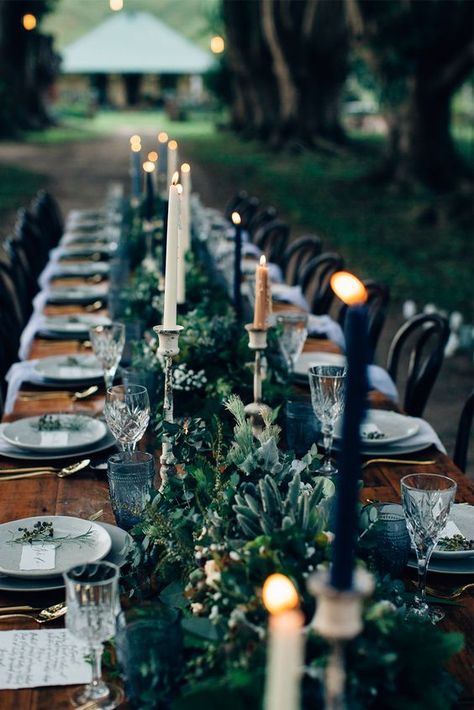 textural greenery table garland with blue glasses and candles Fall Wedding Tables, Tafel Decor, Elegant Halloween, Dark Wedding, Moody Wedding, Table Runners Wedding, Long Table, Halloween Cupcakes, Gothic Wedding