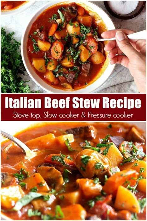 Italian Beef Stew Crockpot, Beef Stew With Pasta, Beef Stew With Filet Mignon, Italian Stew Recipes, Italian Beef Stew Recipes, Hearty Italian Beef Soup, Ip Beef Stew, Northern Italian Beef Stew, Stew Beef Recipes