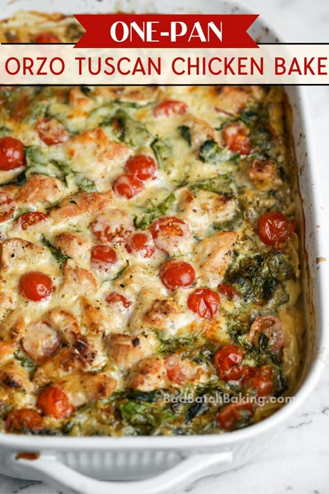 New Exciting Dinner Recipes, Orzo And Kielbasa Recipes, Bad Batch Cooking, One Pan Orzo Tuscan Chicken Bake, Chicken Batch Cook Recipes, Tuscan Orzo Chicken Bake, One Pot Baked Meals, Orzo Chicken Casserole, Orzo Tuscan Chicken Bake