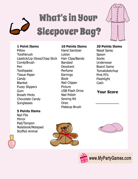 Free Printable What's in your Sleepover Bag? Slumber Party Game for Girls Sleepover Bag Checklist, Sister Sleepover Ideas, Sleepover Checklist, Sleepover Packing, Sleepover Packing List, Teen Sleepover Ideas, Sleepover Fun, Sleepover Essentials, Party Timeline