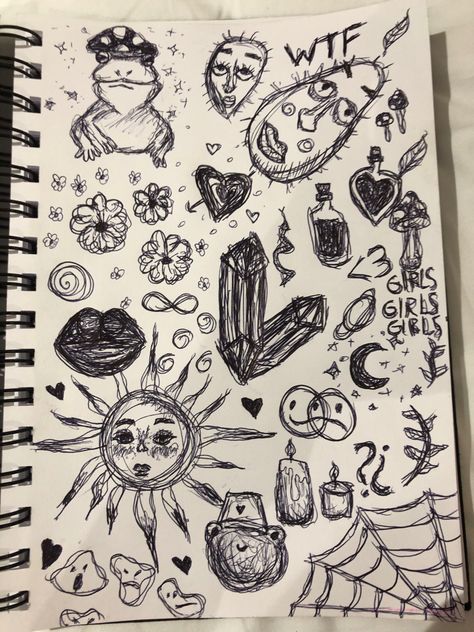 Page Full Of Sketches, Doodle Aesthetic Grunge, Arte Grunge, Creative Drawing Prompts, Deep Art, Indie Art, Grunge Art, Sketchbook Art Journal, Concept Art Drawing